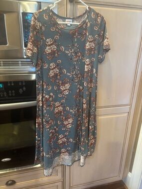 LuLaRoe Blue Floral Midi Dress with Cream and Brown Roses